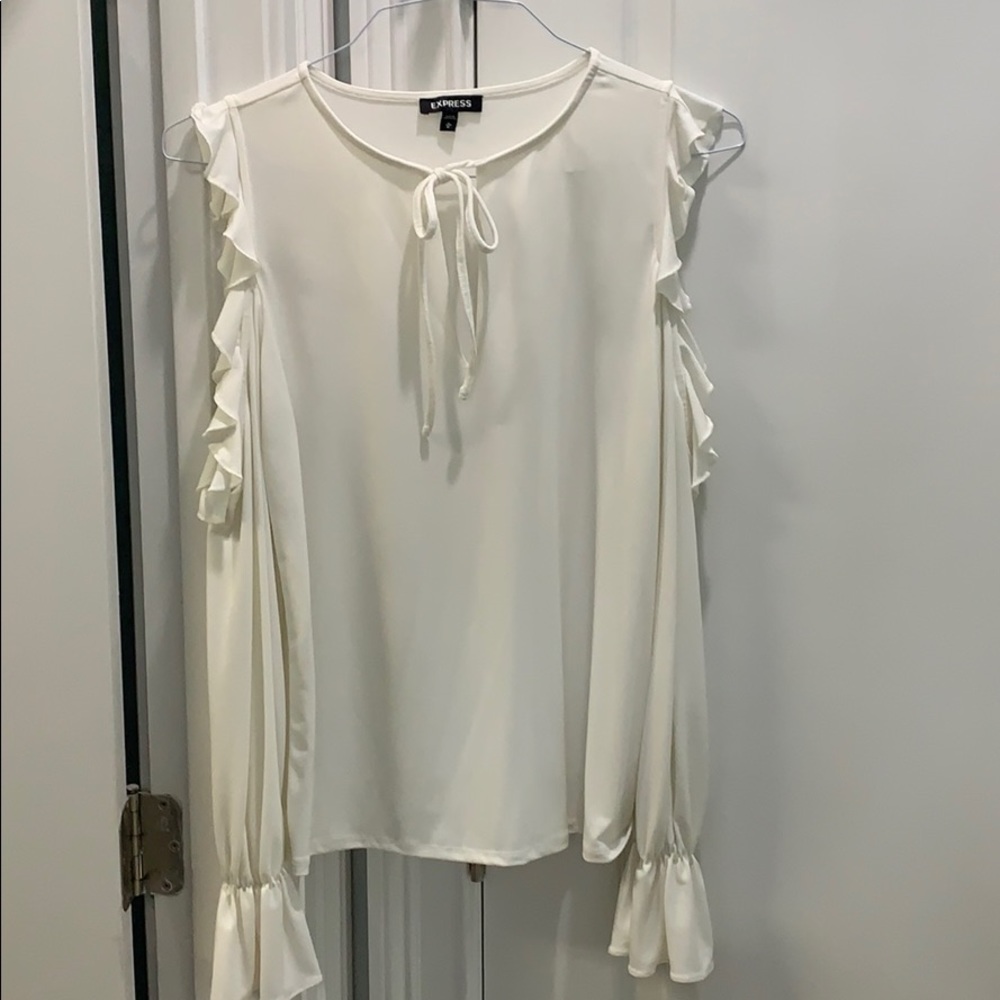 Express Off White, Ruffle, Cold Shoulder Top
